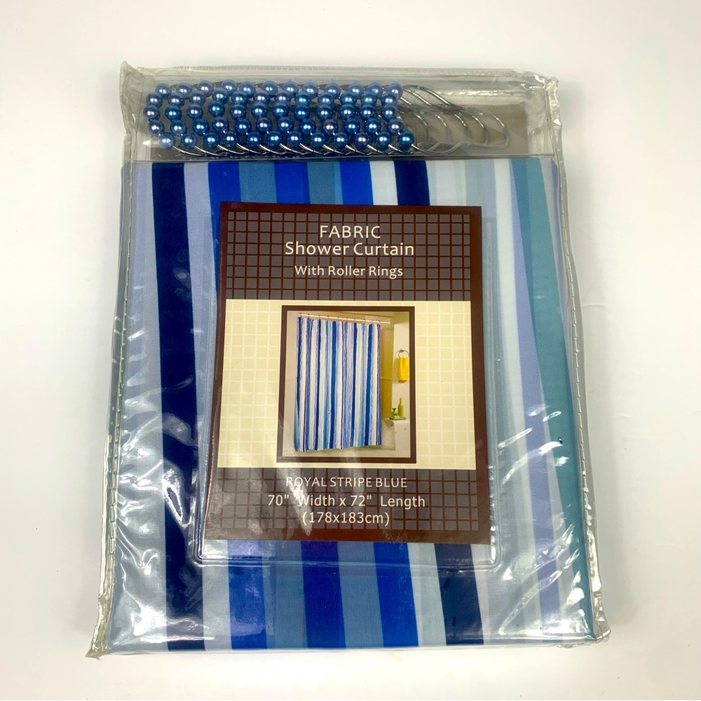 Royal Stripe Blue Polyester Fabric Shower Curtain with Roller Rings